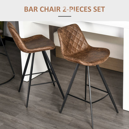 HOMCOM Set Of 2 Bar Stools Vintage Microfiber Cloth Tub Seats Padded Comfortable Steel Frame Footrest Quilted Home Bar Cafe Kitchen Chair Stylish Brown