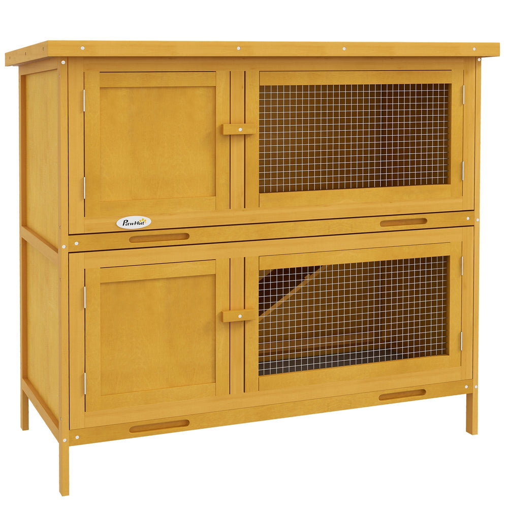 PawHut Double Decker Rabbit Hutch 2 Tier Guinea Pig House Pet Cage Outdoor with Sliding-out Tray, 97 x 44 x 91cm, Yellow