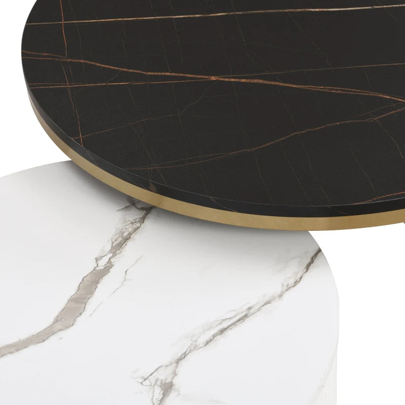 Elegant Nesting Coffee Table Set, Marble Look with Gold Decor, Side Tables for Living Room with Drawers - 70x70x45 cm + 50x50x40 cm, Black