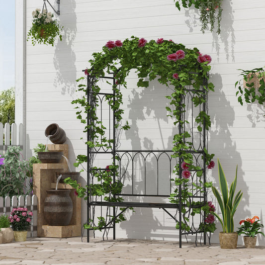 Outsunny Garden Metal Frame Bench W/Arch for Various Climbing Plant, 115Lx50Wx203H cm-Black