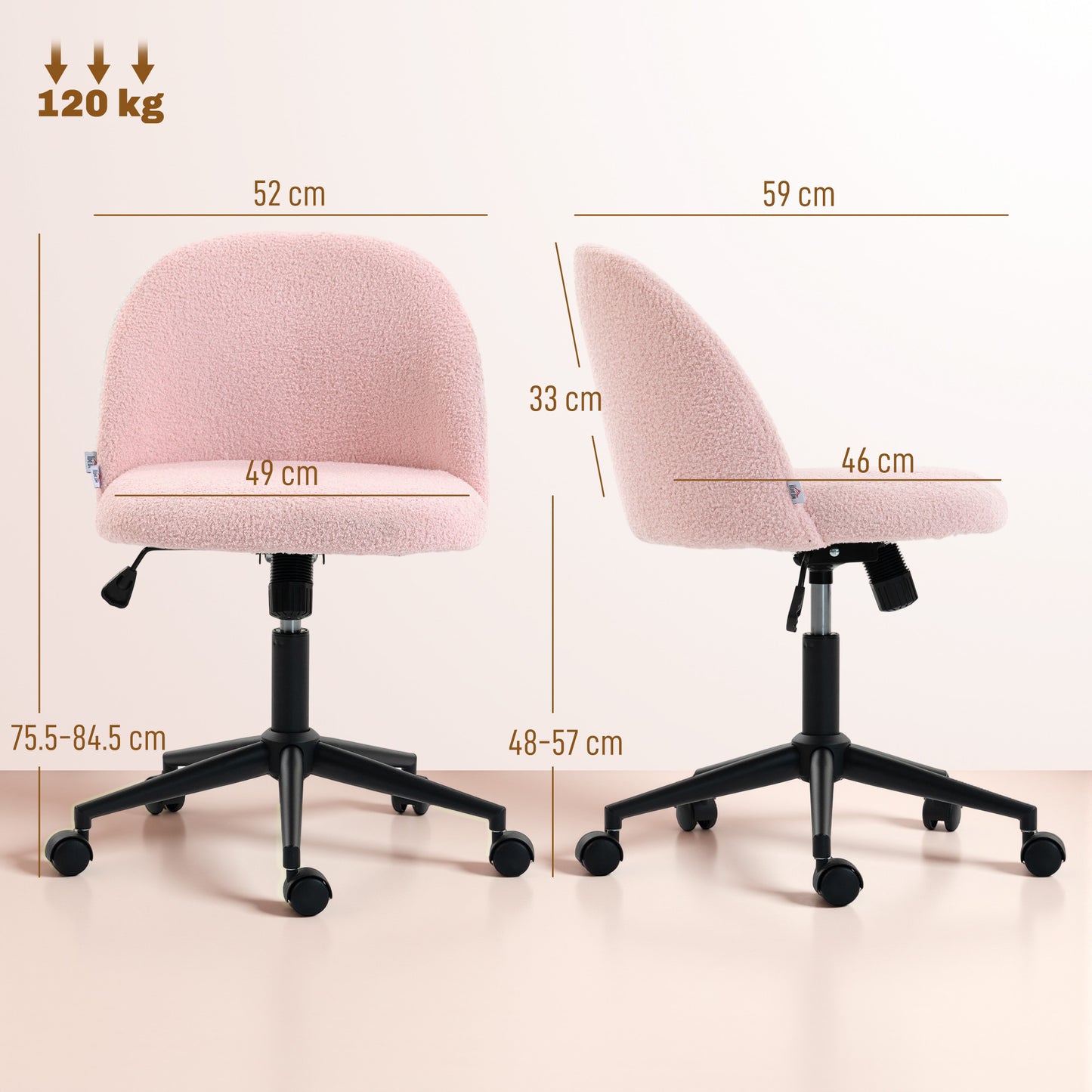 HOMCOM Teddy Fleece Office Chair with Wheels - Light Pink