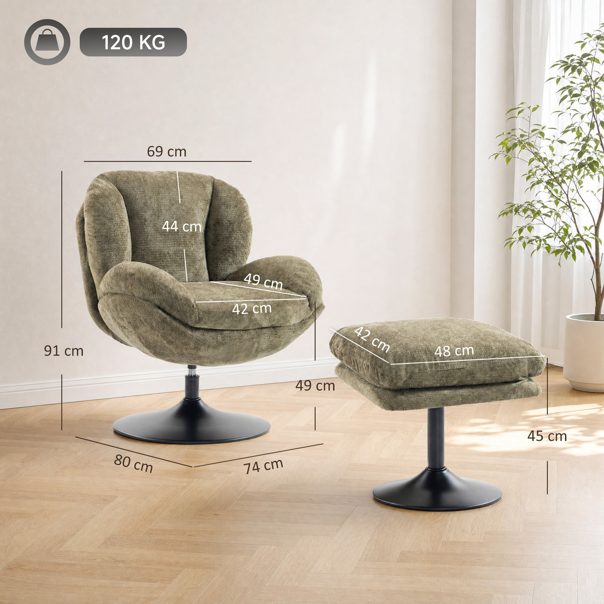 HOMCOM Modern Chenille Lazy Chair with Ottoman, 360° Swivel, Upholstered Reading Seat Set for Living Room, Dark Green