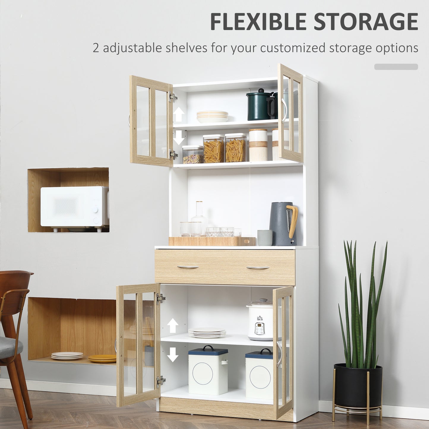 HOMCOM Modern Kitchen Cupboard, Freestanding Storage Cabinet Hutch with Central Drawer, 2 Glass Door Cabinets, White
