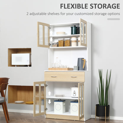HOMCOM Modern Kitchen Cupboard, Freestanding Storage Cabinet Hutch with Central Drawer, 2 Glass Door Cabinets, White