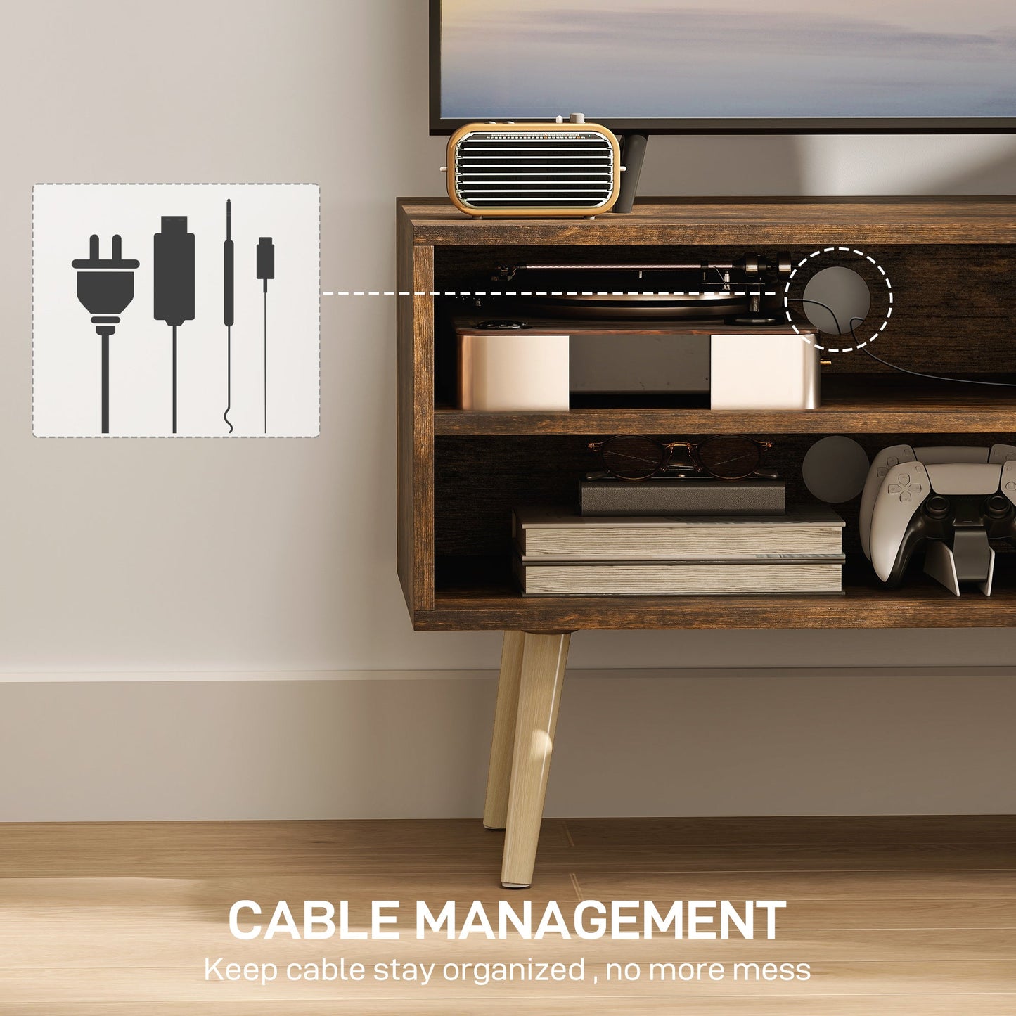 HOMCOM TV Stand up to 55 Inches, TV Unit with Open Shelves and Cable Holes - Brown