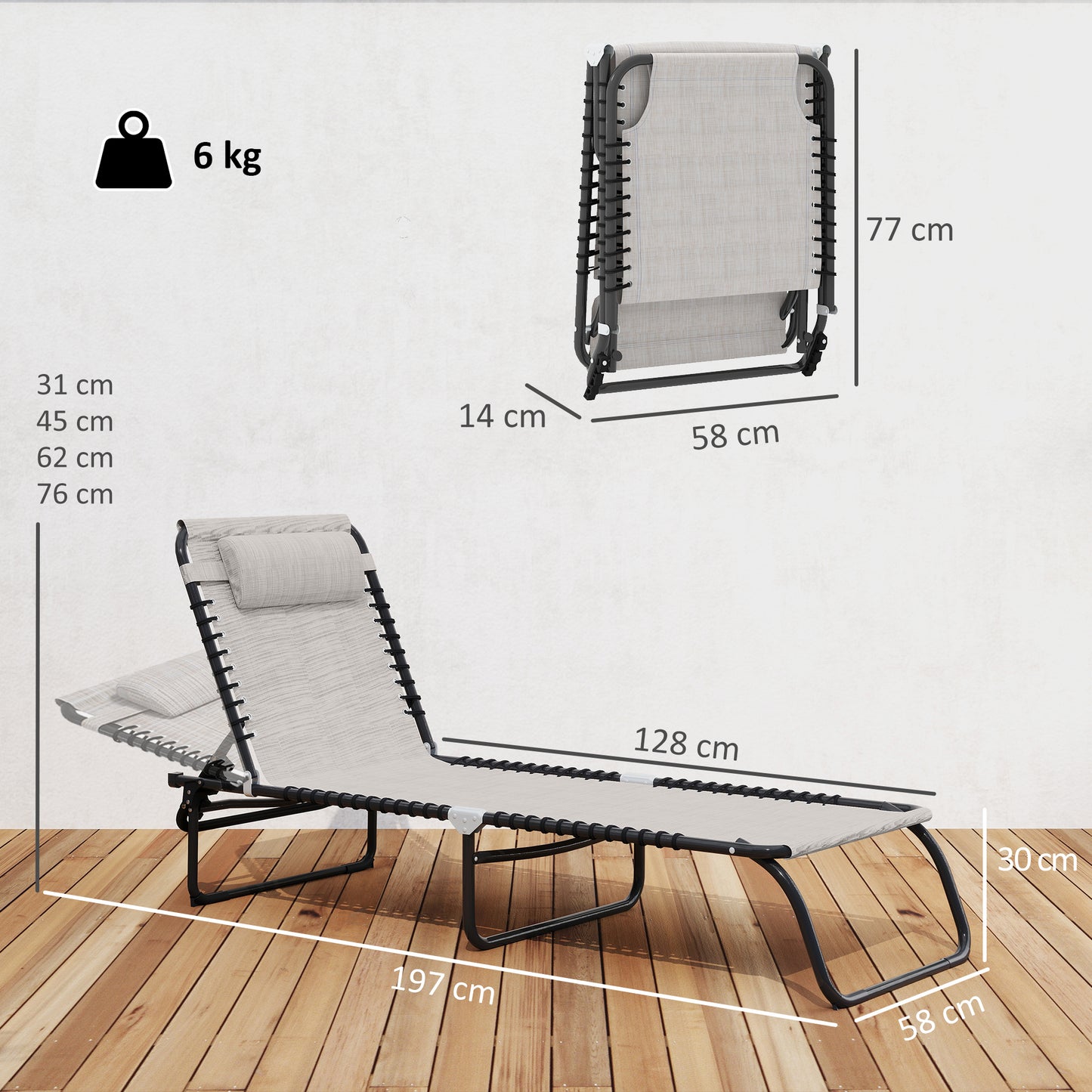 Outsunny Foldable Sun Lounger, Outdoor 4 Level Adjustable Backrest Reclining Chaise Chair, Steel Frame Recliner Chair for Camping, Hiking, Cream White