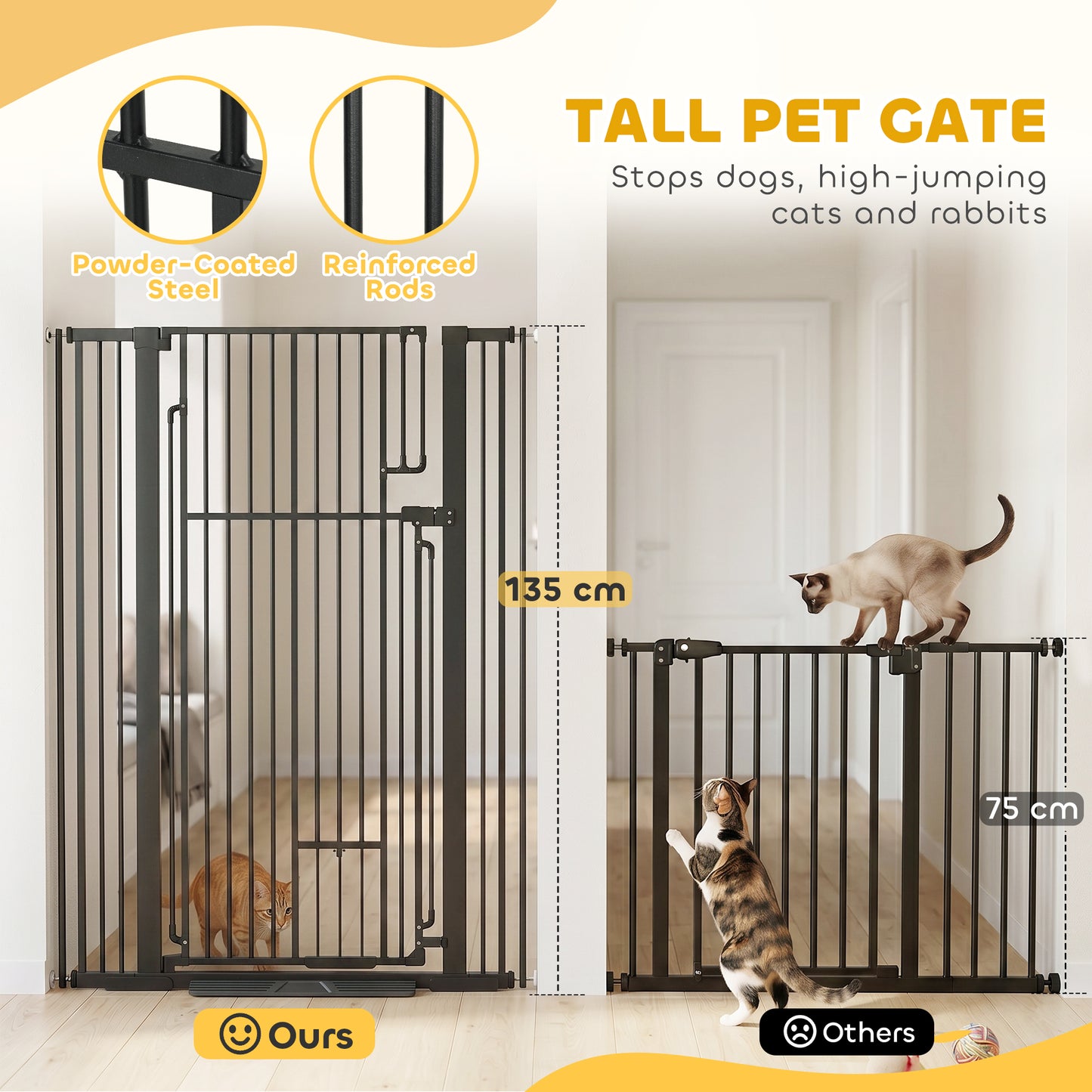 PawHut 135cm Extra Tall Dog Gate with Cat Door, Fits Openings 81-108 cm Pressure Mounted for Doorways, Hallways, No Drilling