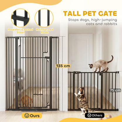 PawHut 135cm Extra Tall Dog Gate with Cat Door, Fits Openings 81-108 cm Pressure Mounted for Doorways, Hallways, No Drilling