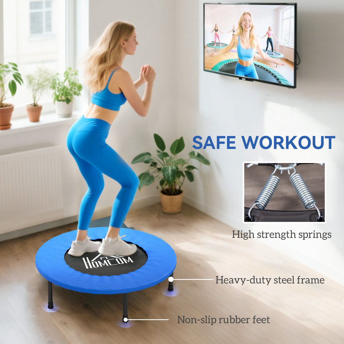 HOMCOM 32" Mini Fitness Trampoline Home Gym Yoga Exercise Rebounder Indoor Outdoor Jumper with Safety Pad, Support Up to 100 KG, Blue and Black