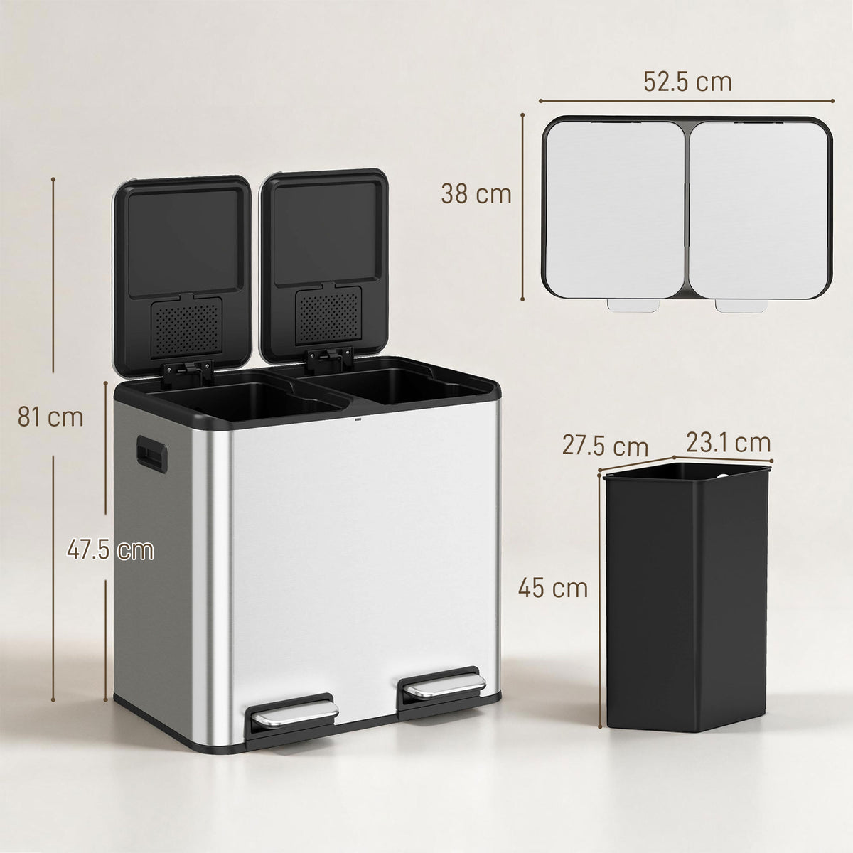 HOMCOM 2 x 20L Double Kitchen Bin, Stainless Steel Pedal Rubbish Bin with Dual Compartments, Soft Close Lids, Silver Tone