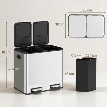 HOMCOM 2 x 20L Double Kitchen Bin, Stainless Steel Pedal Rubbish Bin with Dual Compartments, Soft Close Lids, Silver Tone