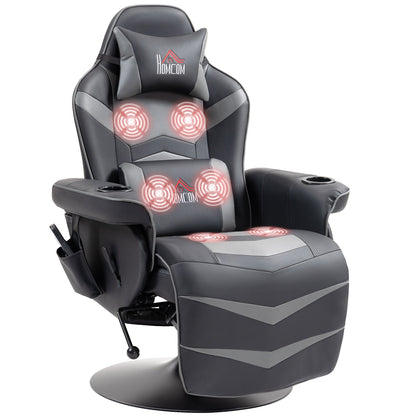 HOMCOM Massage Gaming Chair, Swivel Racing Video Gaming Recliner with Retractable Footrest, Headrest, Cup Holders and Side Pockets, Ergonomic High Back PU Leather Executive Desk Chair, Grey
