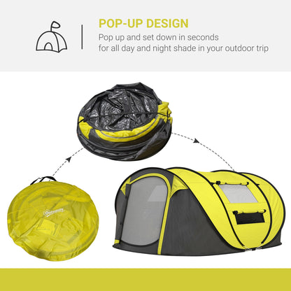 Outsunny 4 Person Pop-up Camping Tent Family Tent with Ground Sheet, 4 Windows and Portable Carry Bag for Beach Outdoor Trip, Yellow