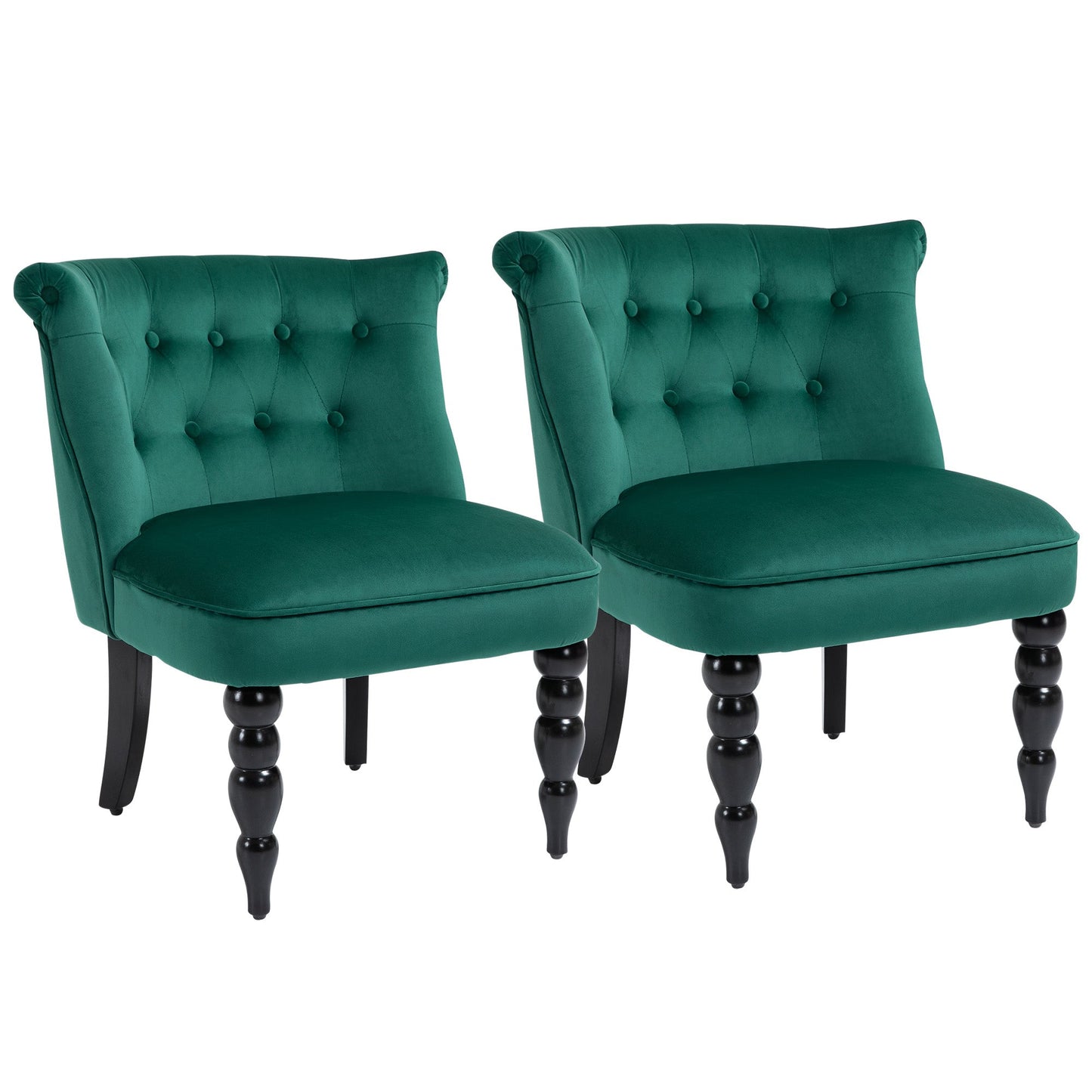 HOMCOM Velvet Accent Chair Set of 2, Button Tufted Wingback Chair with Rubber Wood Legs for Living Room, Bedroom, Dark Green