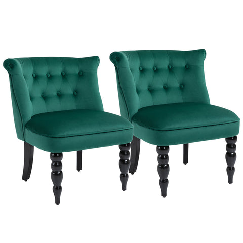HOMCOM Velvet Accent Chair Set of 2, Button Tufted Wingback Chair with Rubber Wood Legs for Living Room, Bedroom, Dark Green