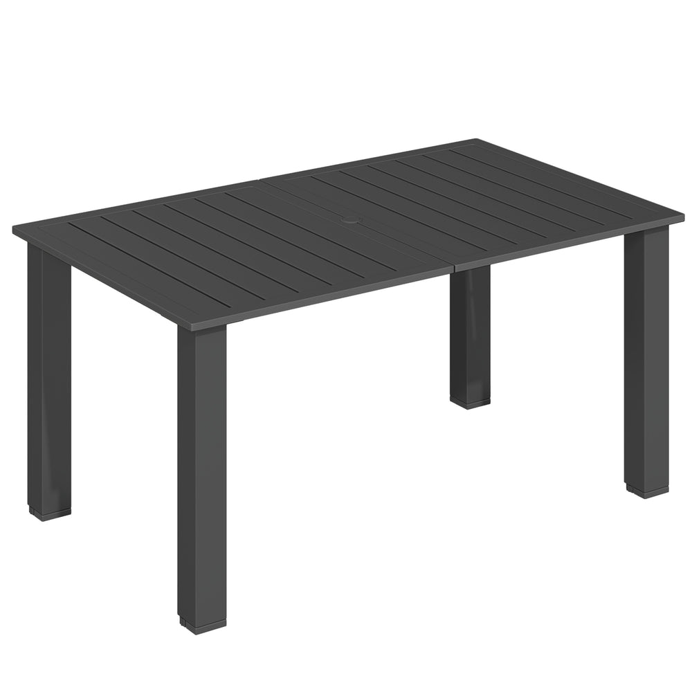 Outsunny Garden Dining Table for 6 with Parasol Hole, Rectangle Outdoor Garden Table with Slatted Metal Top, Steel Frame, Black