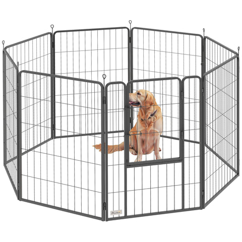 PawHut Eight-Panel Dog Playpen with Door, for Large Dogs, Indoors, Outdoors, 100cm Tall, Black