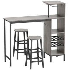 HOMCOM 3 Pieces Dining Room Set, 2 Round Stools with Footrest, 6-Tier Dining Table with Storage Shelves, Natural