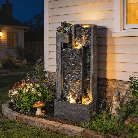 Outsunny Water Feature with LED Lights and Planter, 3-Tier Garden Water Fountain with Pump, Resin Waterfall Feature, Dark Grey