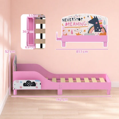 AIYAPLAY Toddler Bed with Bedside Storage and Guard Rails for 3-8, Fits 140 x 70 x 10cm Mattress, Pink Girl Print