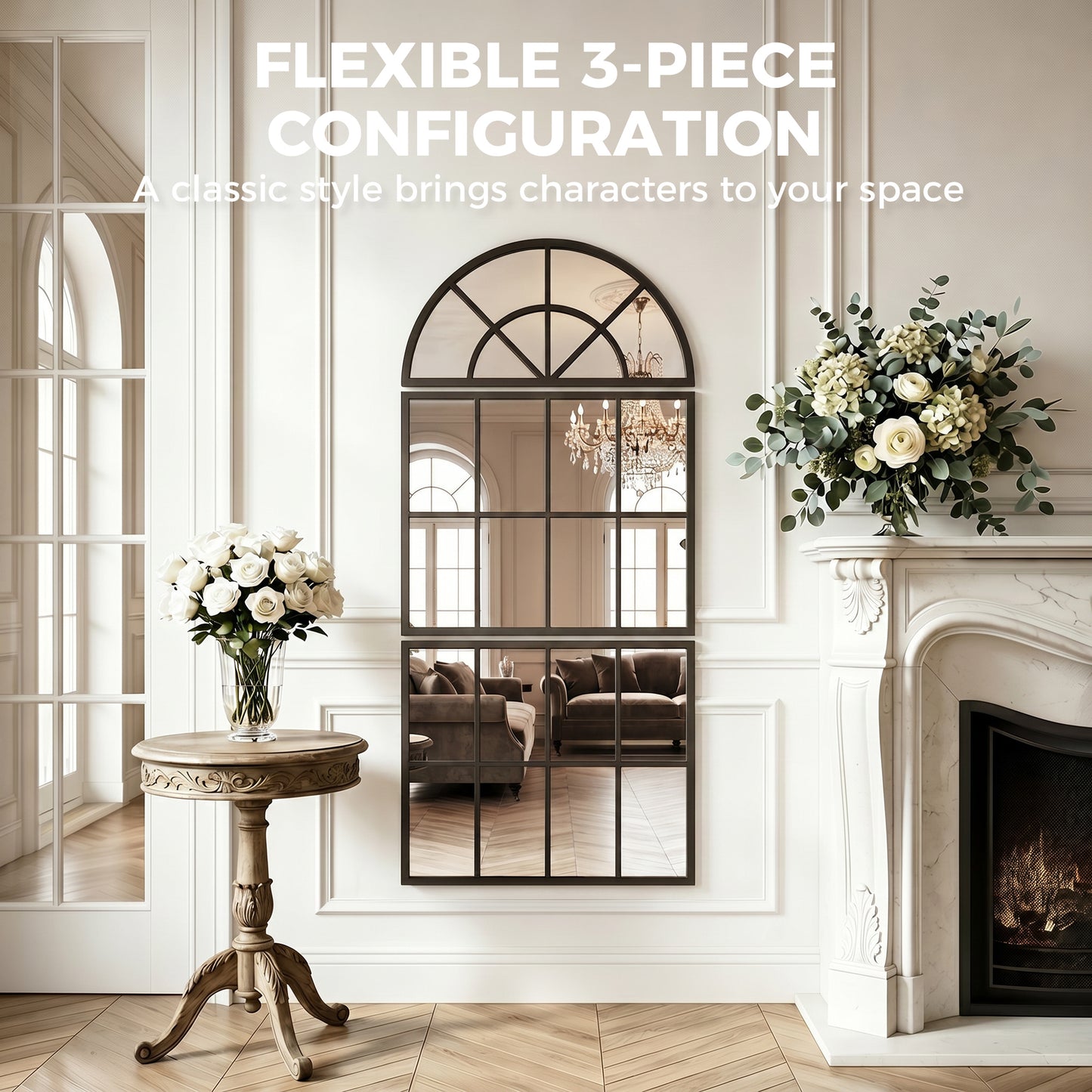 HOMCOM Large Arched Wall Mirror with Metal Grid, 3-Piece Split Window Mirrors, 120 x 54 cm, Black