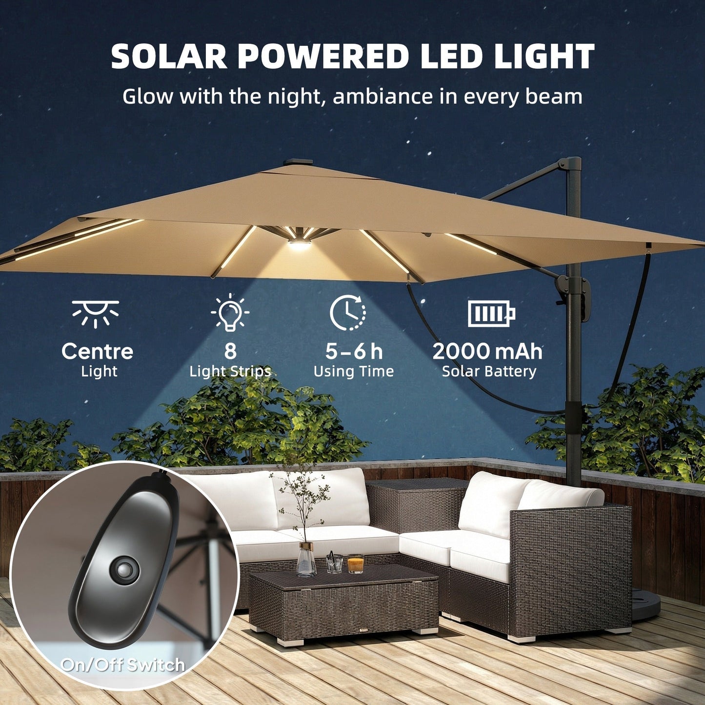 Outsunny 3 x 3 m Garden Cantilever Parasol with Light, Umbrella with Wind Protection, 360 degrees Rotation, Khaki