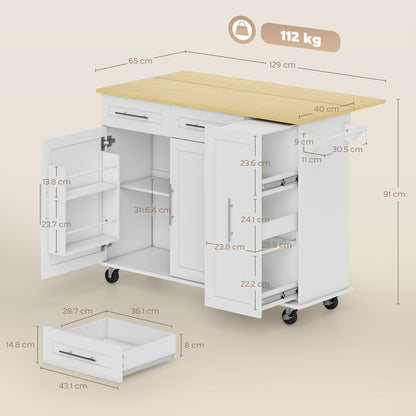 HOMCOM Kitchen Island, Rolling Kitchen Cart with Drop Leaf, Storage Trolley, Pull-out Storage, Drawers and Towel Rack, White