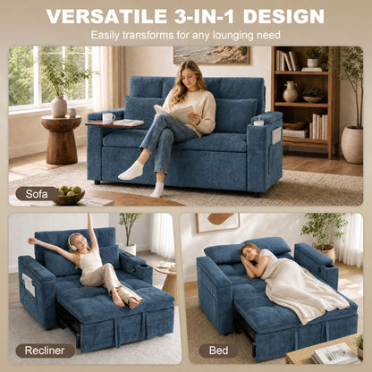 HOMCOM 2 Seater Sofa Bed, 3-in-1 Convertible Pull Out Sleeper Bed with Hidden Table, USB Port, Armrest Storage, Dark Blue
