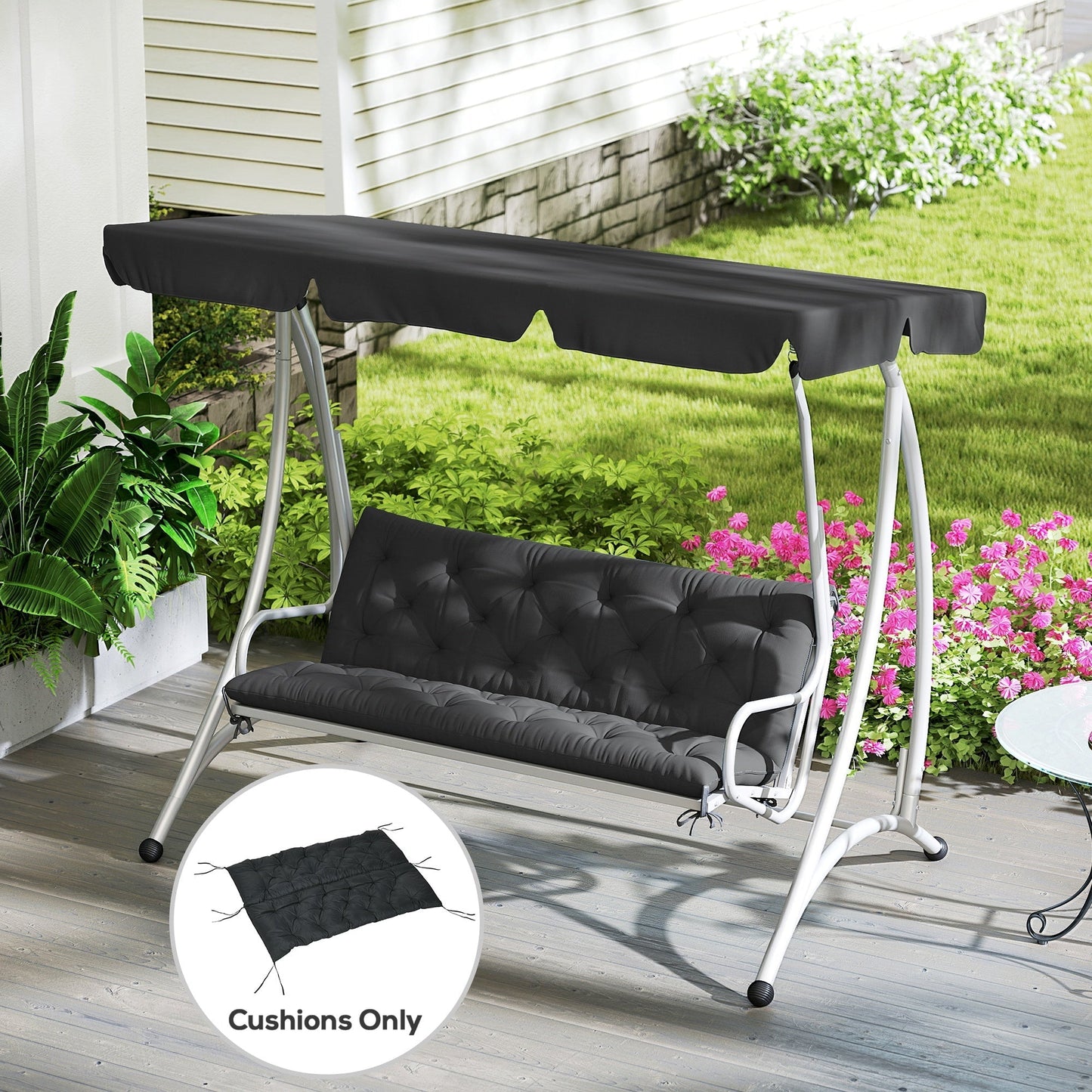 Outsunny 3 Seater Bench Pad, Garden Chair Cushion with Back and Ties for Indoor and Outdoor Use, 98 x 150 cm, Black