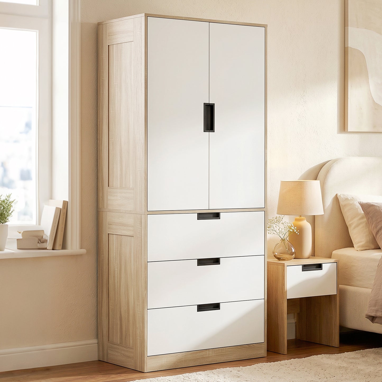 HOMCOM Modern Clothes Storage Cupboard Unit, 3 Drawer 2 Door Wardrobe with Hanging Rod, Oak