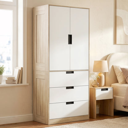HOMCOM Modern Clothes Storage Cupboard Unit, 3 Drawer 2 Door Wardrobe with Hanging Rod, Oak