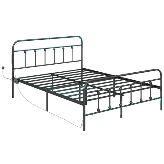 HOMCOM Double Bed Frame with LED Lights and Charging Station, Metal Platform Bed Frame with Under Bed Storage, Black