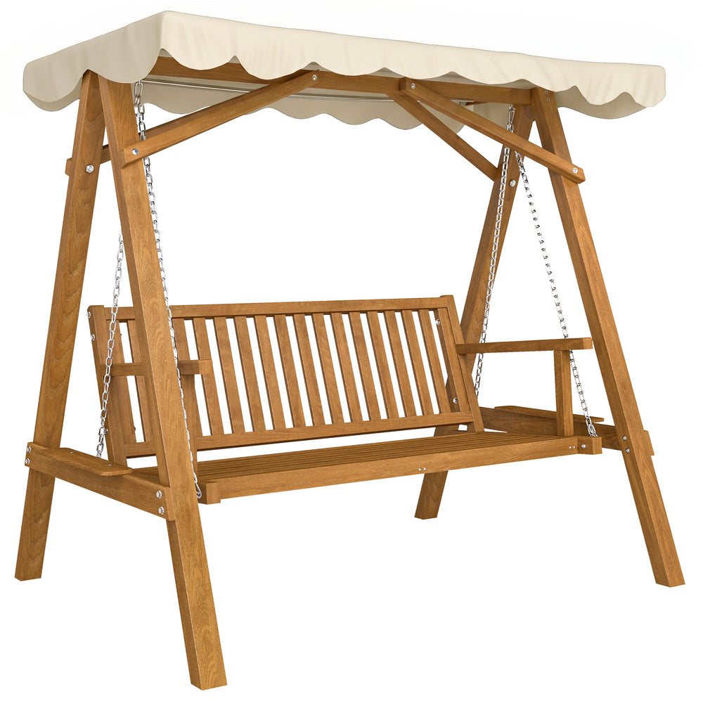 Outsunny 2 Seater Garden Swing Seat with Canopy, Wooden Swing Chair, Outdoor Hammock Bench for Balcony Patio Porch, Cream White