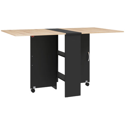 HOMCOM 80-140 cm Folding Dining Table for 4-6 People, Drop Leaf Table with 2-Tier Shelves, Rolling Casters, for Small Spaces, Kitchen, Flat, Dining Room, Oak and Black