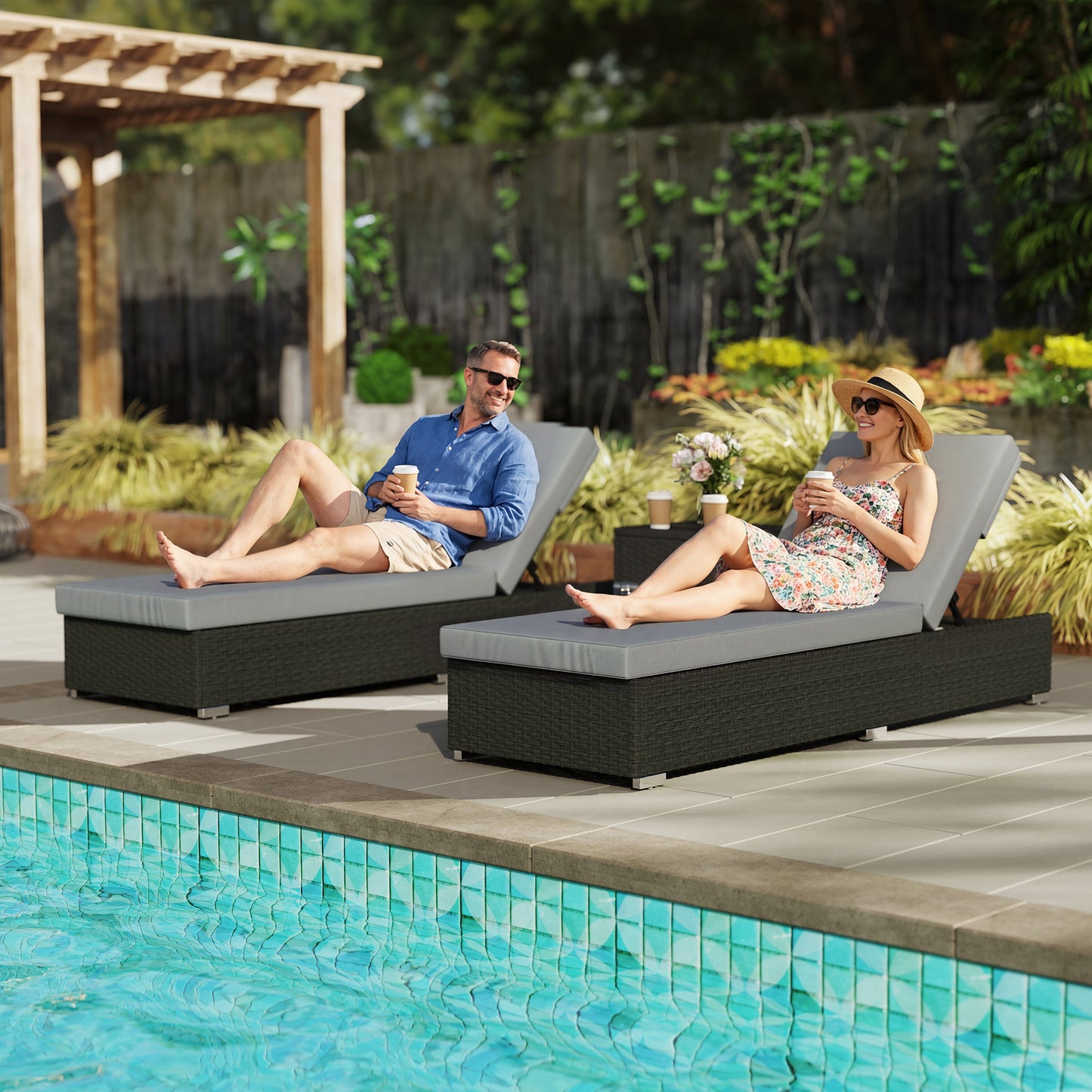 Outsunny Rattan Sun Loungers Set of 2 with Side Table, Garden Recliner Sunbeds with Adjustable Back, Cushions, Dark Grey