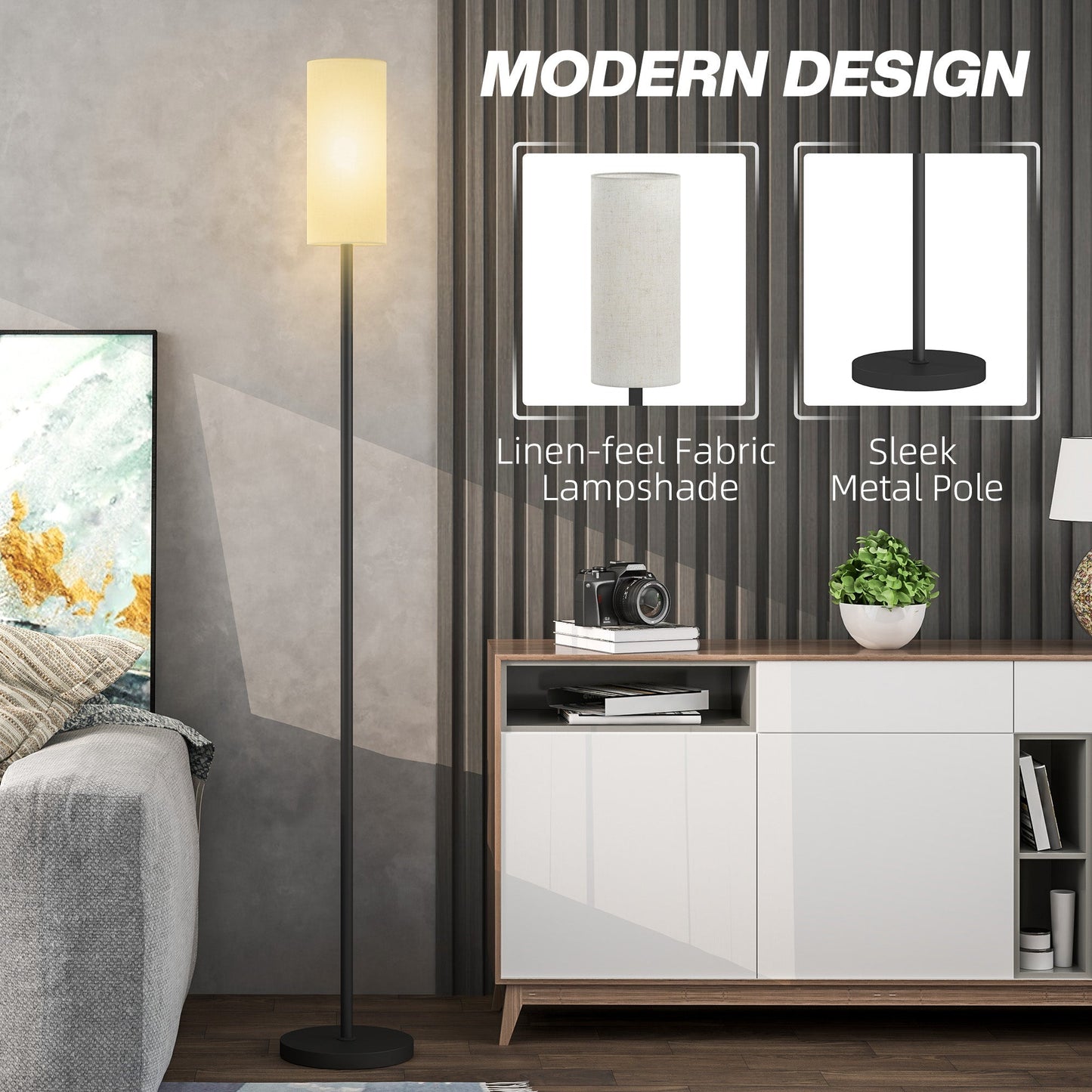 HOMCOM Floor Lamp for Living Room, Modern Standing Lamp with Linen Shade & Foot Switch, Minimalist Tall Pole Lampshade for Bedroom, Office, White