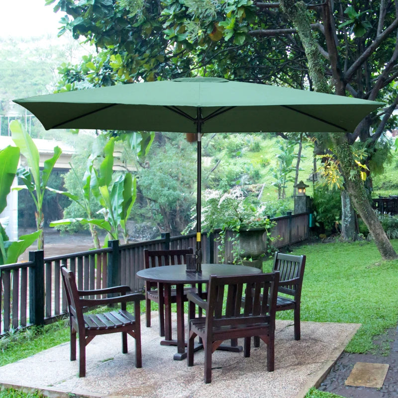 Outsunny 2 x 3(m) Garden Parasol Umbrella, Rectangular Outdoor Market Umbrella Sun Shade with Crank & Push Button Tilt, 6 Ribs, Aluminium Pole, Green