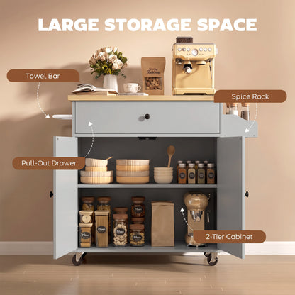 HOMCOM Kitchen Island with Drop Leaf, Rolling Kitchen Storage Trolley on Wheels with Drawer, Spice Rack and Towel Rack, Grey