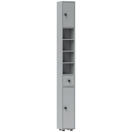 kleankin 180cm Slim Bathroom Cabinet, with Drawer, Shelves and Cupboards - Grey