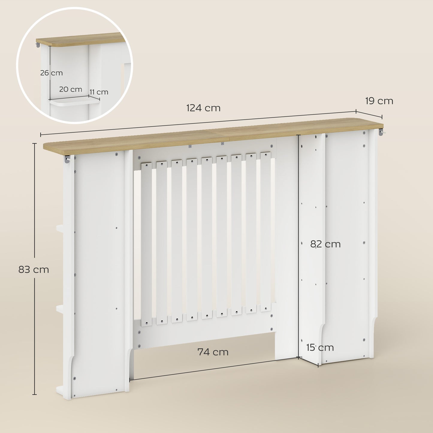 HOMCOM Radiator Cover with Open Storage Shelves, Vertical Slatted Cabinet Shelf Heater Cover for Living Room, Hallway, Medium, White (H: 83 / W: 124 / D: 19 cm)