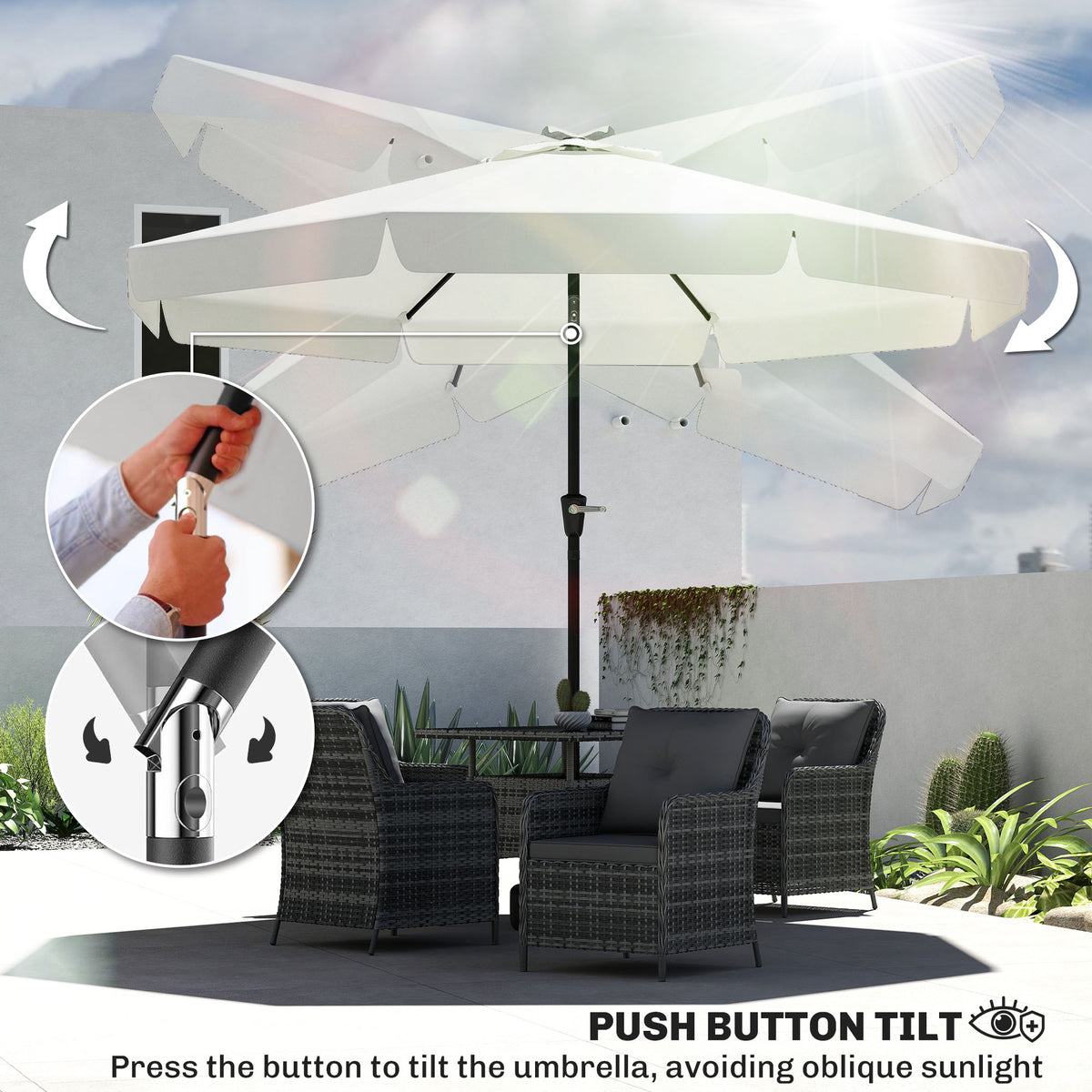 Outsunny 2.7m Patio Parasol Garden Umbrellas with Aluminium Pole, UPF 50+ Outdoor Sun Shade Table Umbrella with Tilt, Crank, 8 Ribs, Ruffles, White