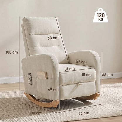HOMCOM Upholstered Rocking Chair Retractable Footrest Rocker Chair High Back for Living Room Cream White