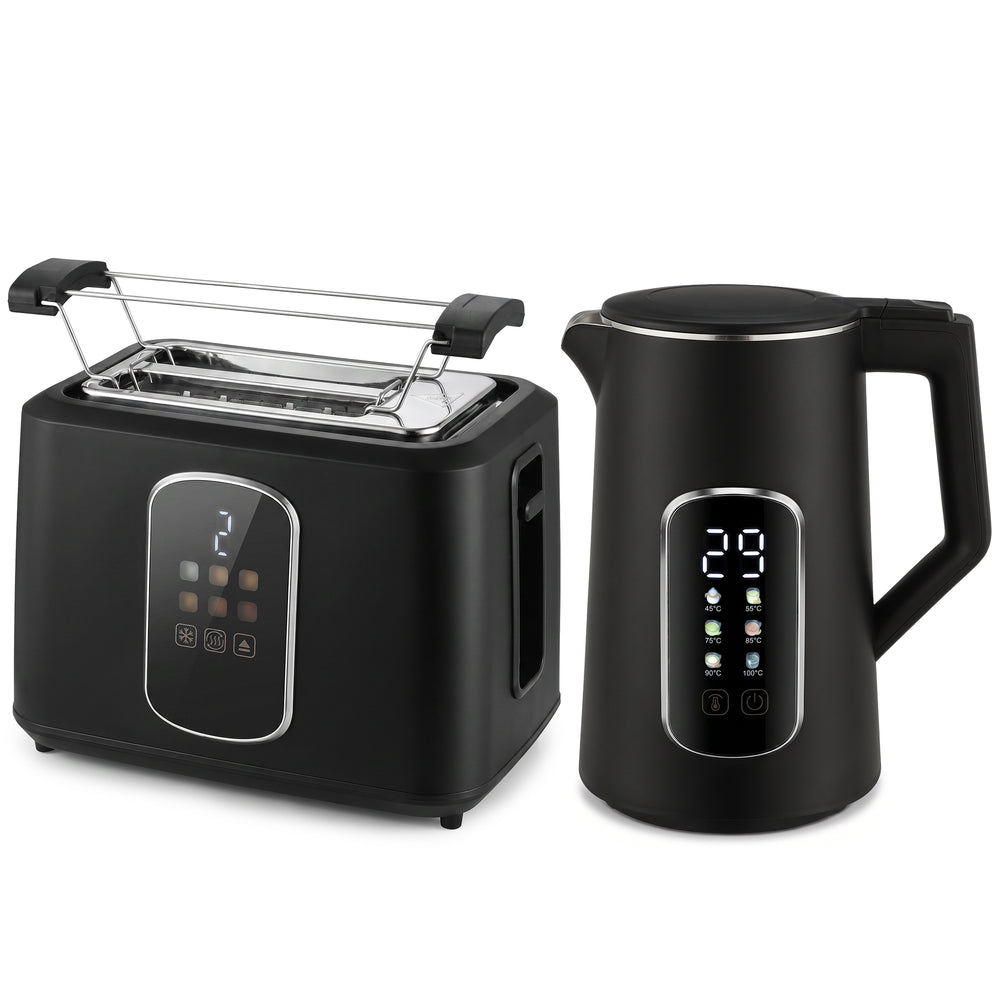 HOMCOM Kettle and Toaster Set with LED Touch Screen, Kettle with Strix Thermostat, 2 Slice Toaster w/ 6 Browning Levels, Black