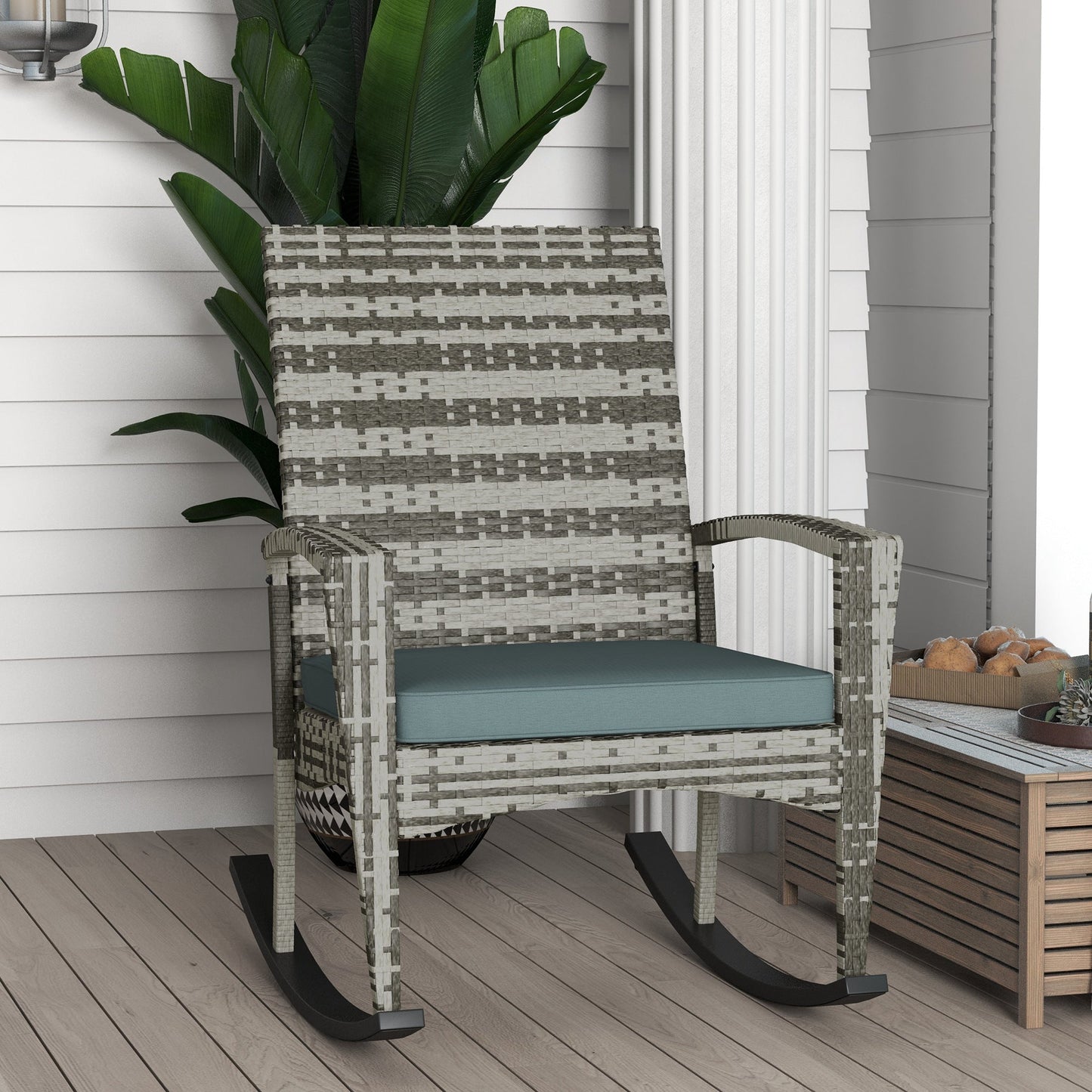 Outsunny Outdoor PE Rattan Rocking Chair, Garden Rocking Chair Set with Armrest and Cushion, Light Grey