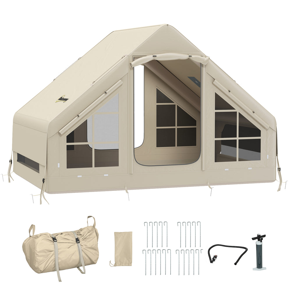 Outsunny Inflatable Camping Tent with Pump and Stove Jack Hole, Easy Setup 2-4 Person Blow Up Tent, Waterproof Luxury Inflatable Tent with Mesh Windows, Doors, Hook and Carry Bag, Beige
