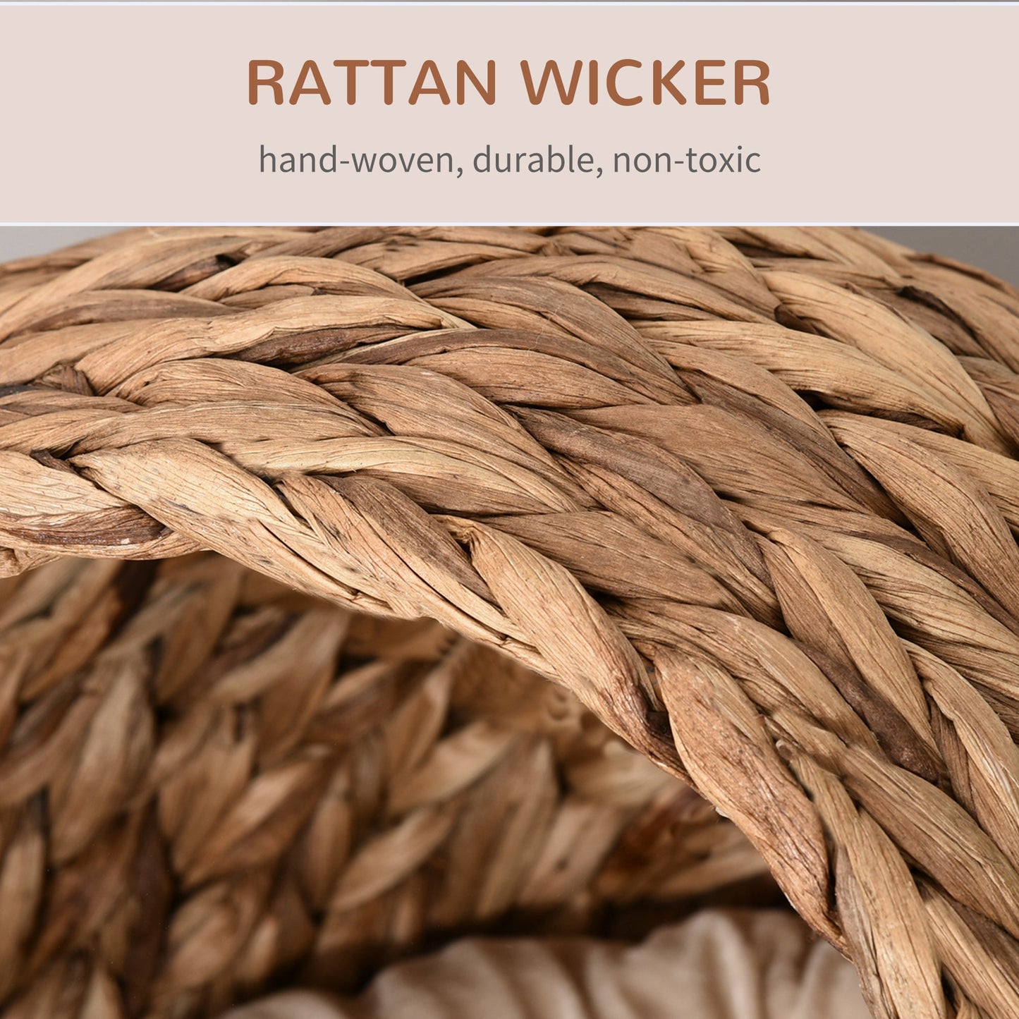 PawHut Woven Banana Leaf Elevated Cat Bed Wicker Kitten Basket Pet Den, House Cosy Cave with Soft Cushion Dome 50x42x60cm Brown