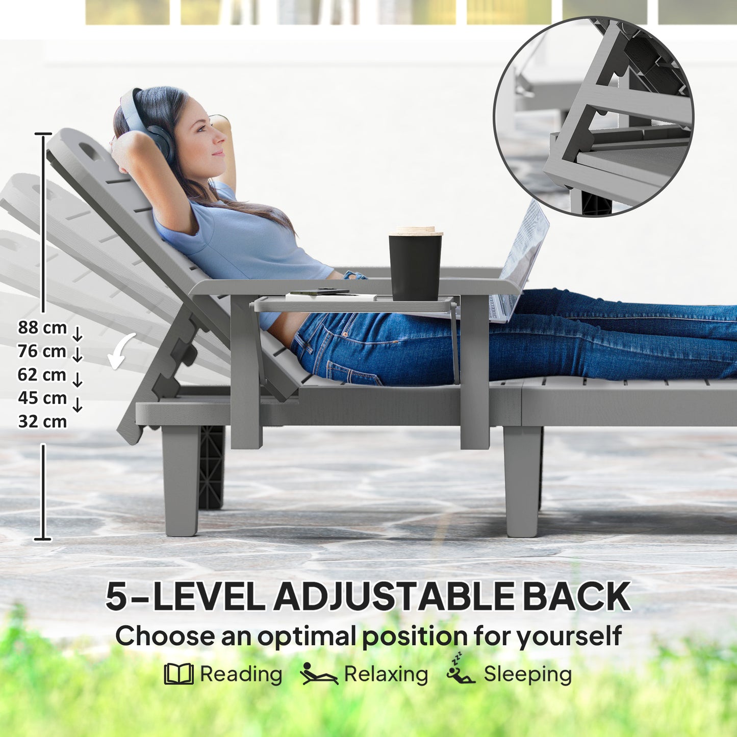 Outsunny Set of 2 Resin Reclining Sun Loungers for Garden, 5 Positions Adjustable Outdoor Chaise Lounge Chairs with Wood Texture Surface, Armrests, Foldable Side Table for Garden, Beach, Dark Grey