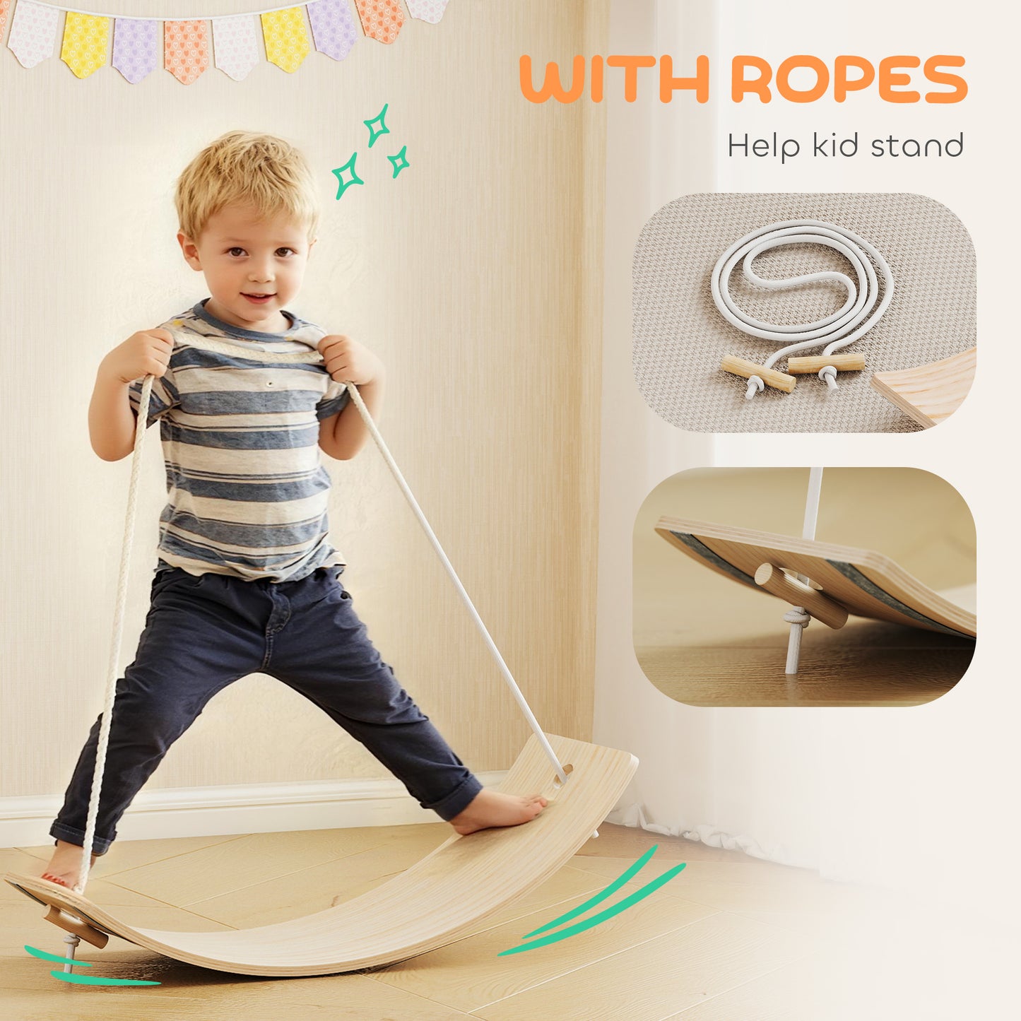 AIYAPLAY Kids Wooden Balance Board with Rope, Wooden Wobble Board with Felt for Sensory Play, for Toddler 3-6 Years Old