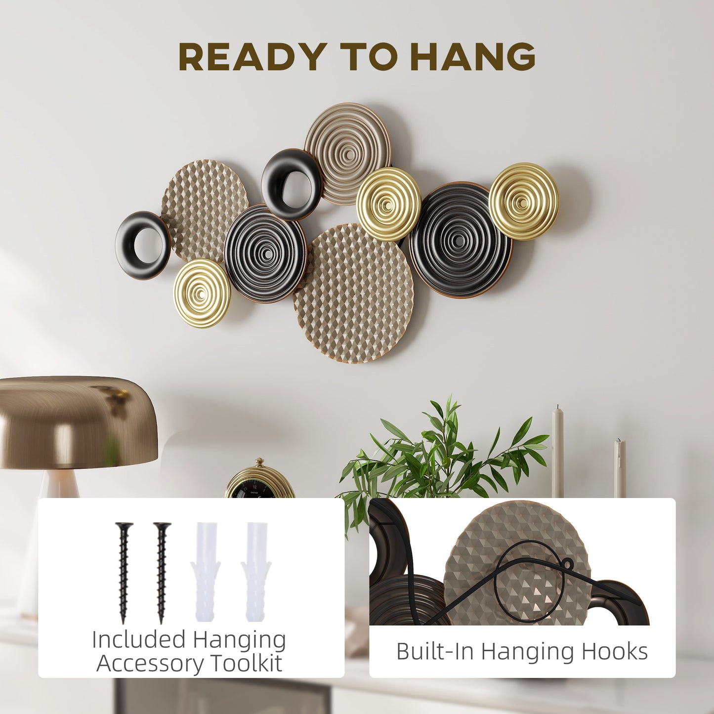 HOMCOM Metal Wall Art, Modern Hanging Wall Decor with Multi-Disc Design for Living Room Bedroom Dining Room