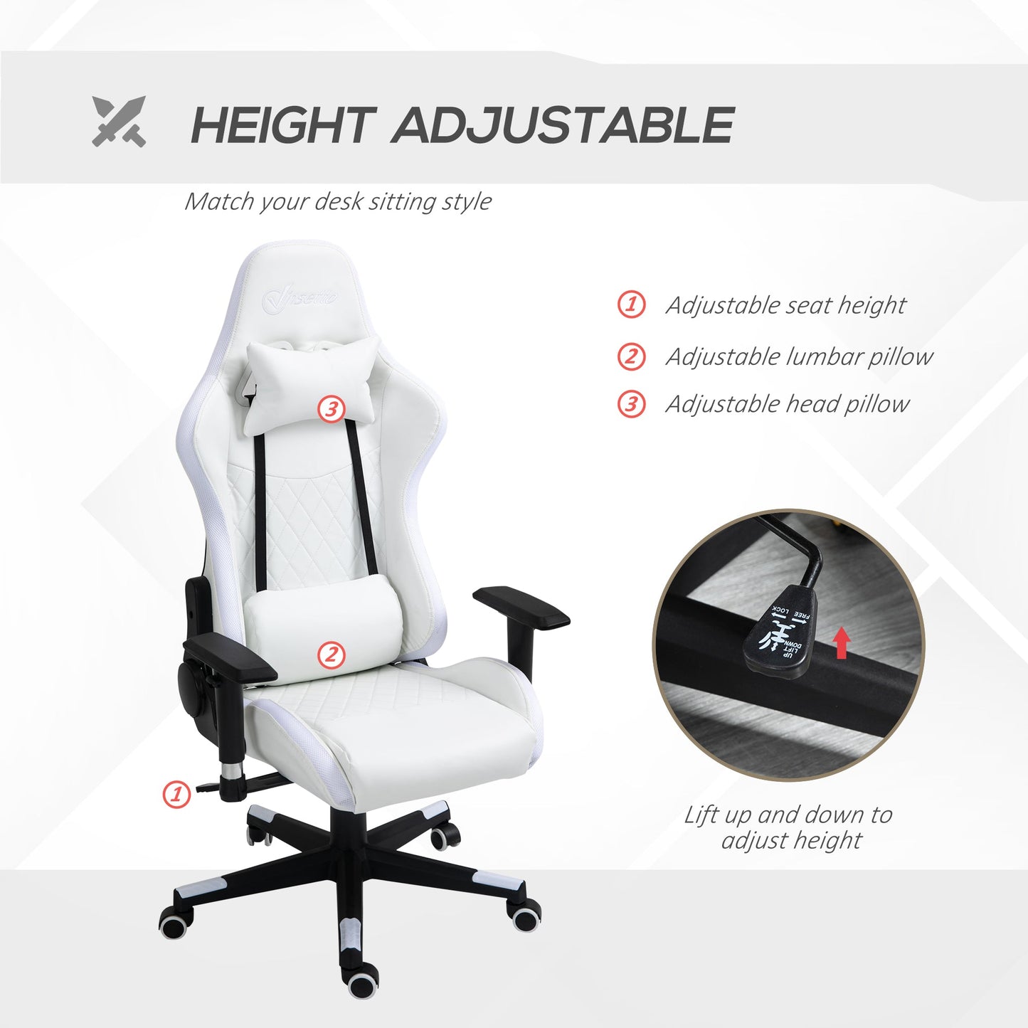 Vinsetto Gaming Chair with RGB LED Light, 2D Arm, Lumbar Support, Height Adjustable Swivel Office Computer Recliner, Racing Gamer Desk Chair for Home, White